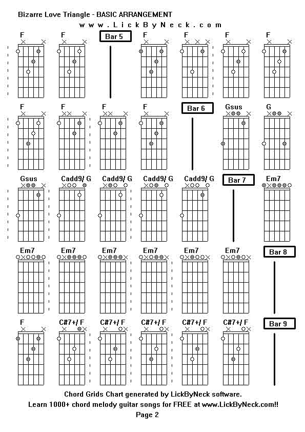 Chord Grids Chart of chord melody fingerstyle guitar song-Bizarre Love Triangle - BASIC ARRANGEMENT,generated by LickByNeck software.